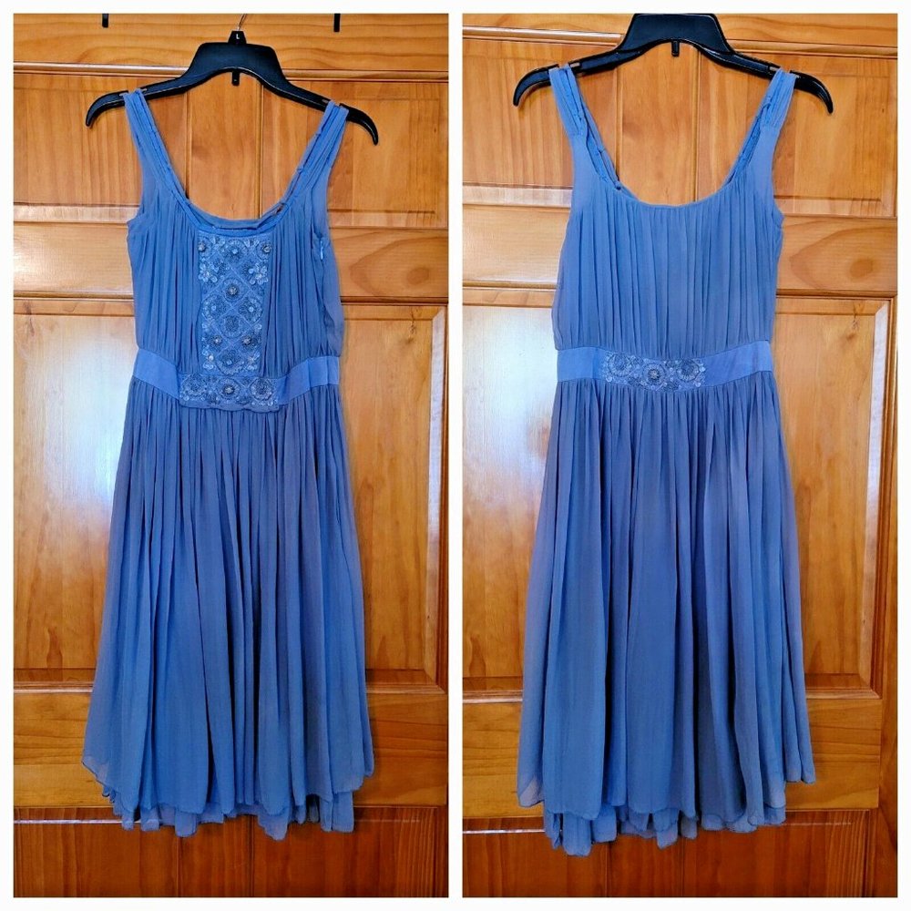 Pristine Nocturne Blue 100% Silk Beaded Knee Length Fit and Flare Dress US 4